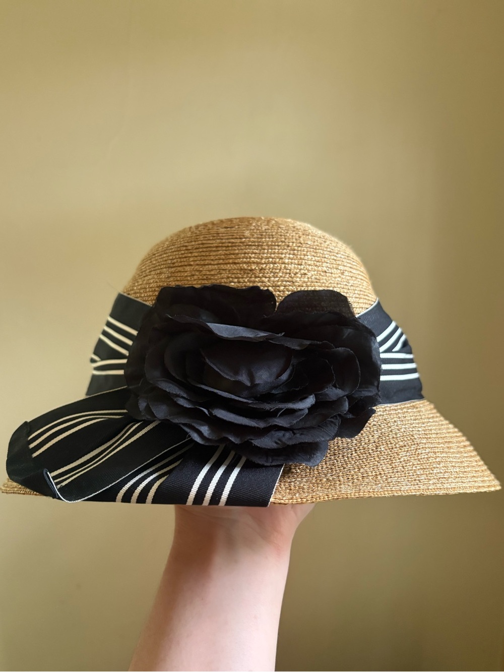 Callanan•Anthropologie Straw Sun Hat with Black Flower and Striped Ribbon